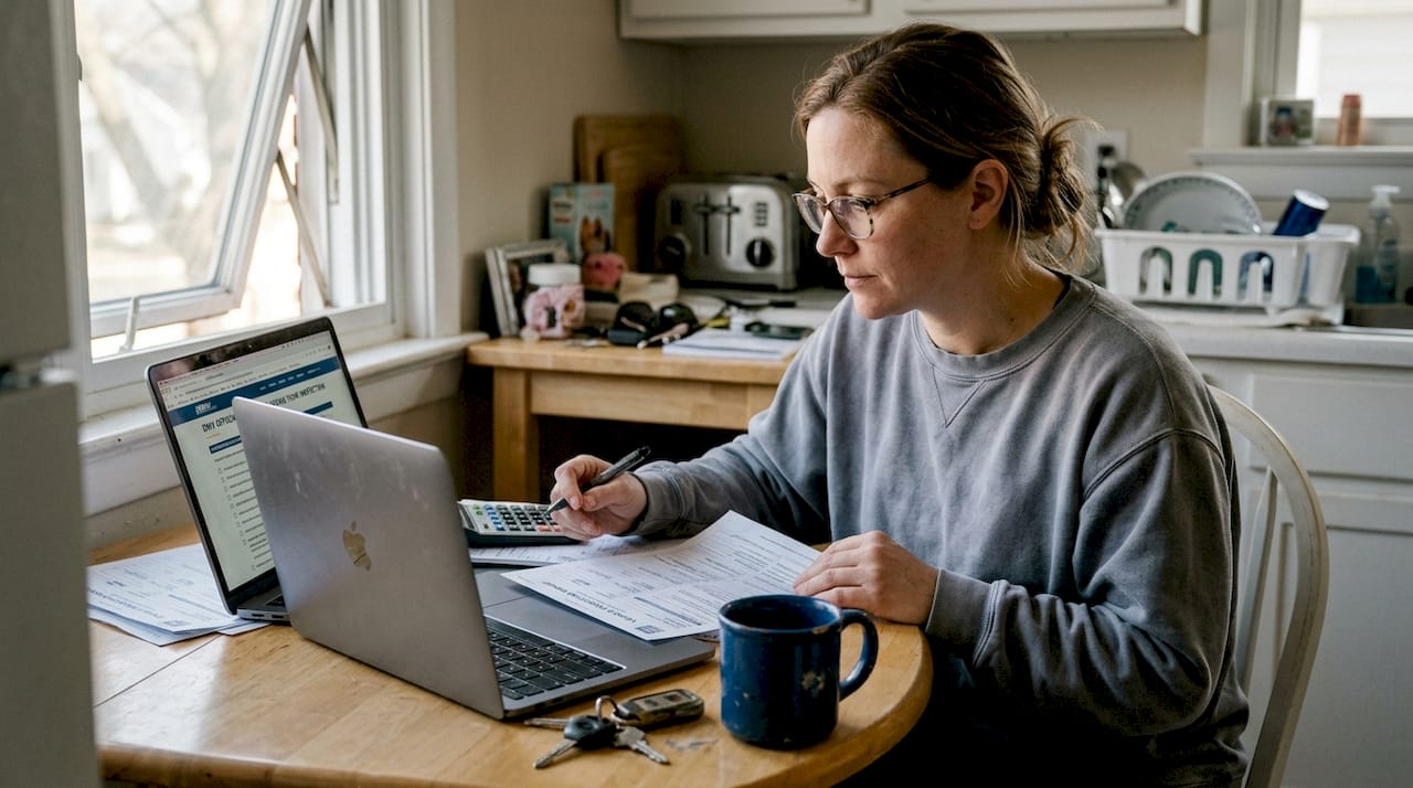 Woman reviews car inspection documents at kitchen table