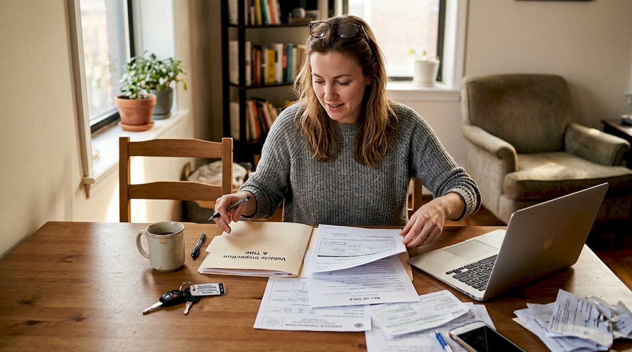 Buyer reviewing paperwork for rebuilt title car