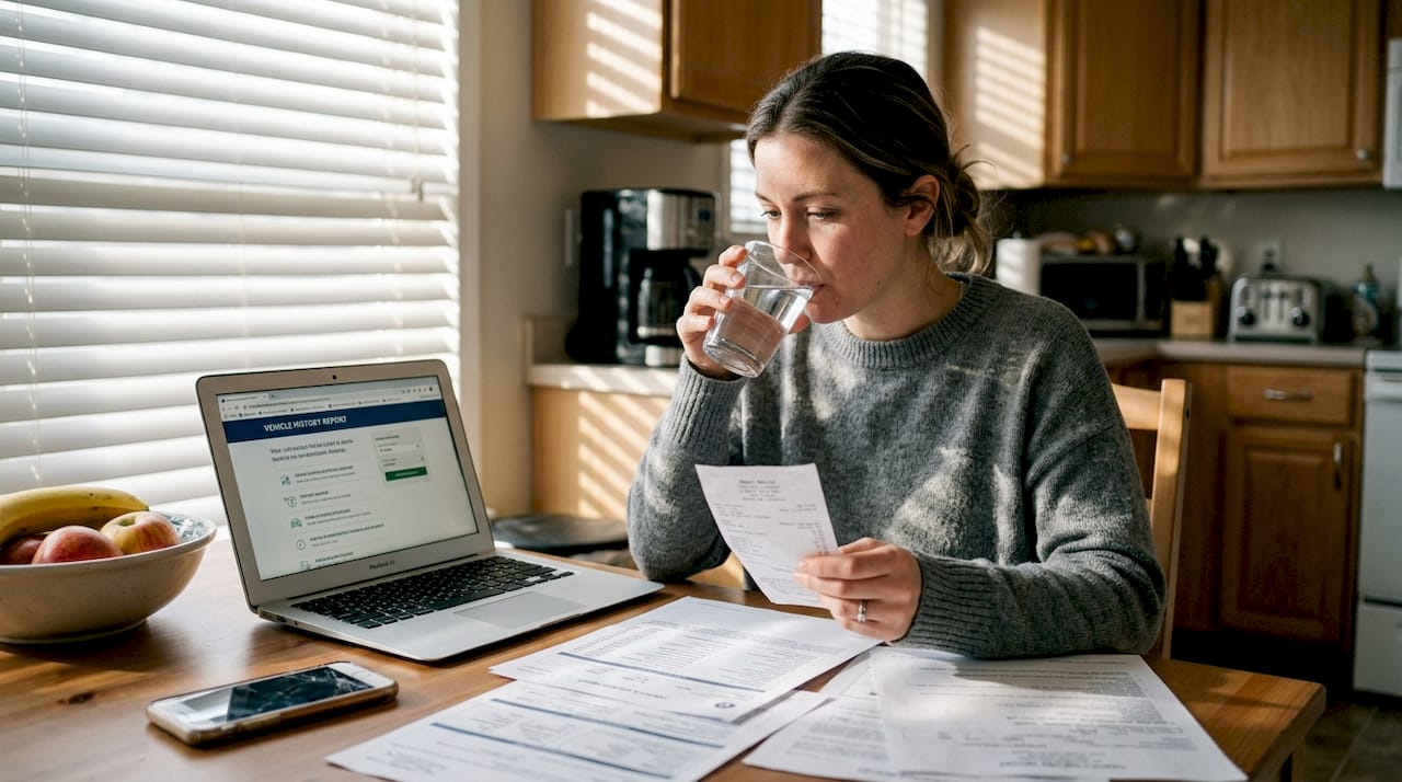 Buyer examines paperwork for used car
