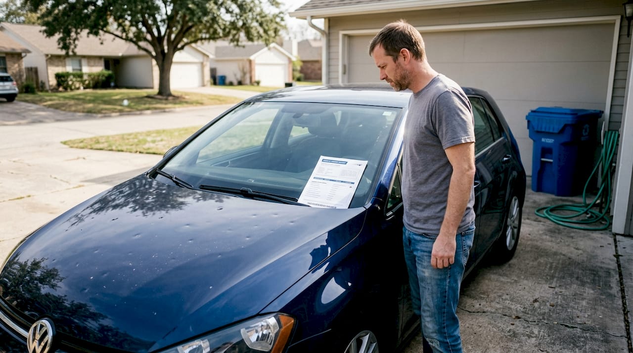 Owner reviewing hail-damaged rebuilt car