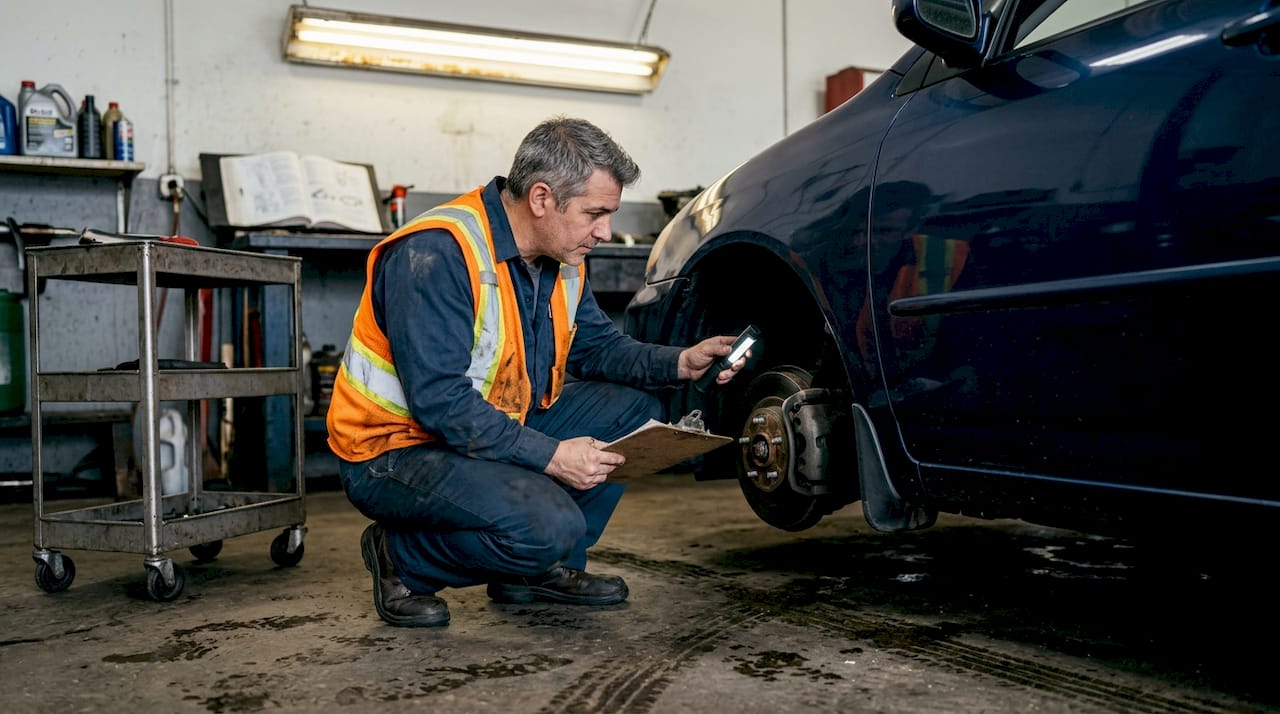 Mechanic inspects rebuilt car for safety