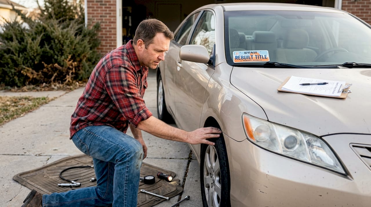 Man inspects used rebuilt car exterior
