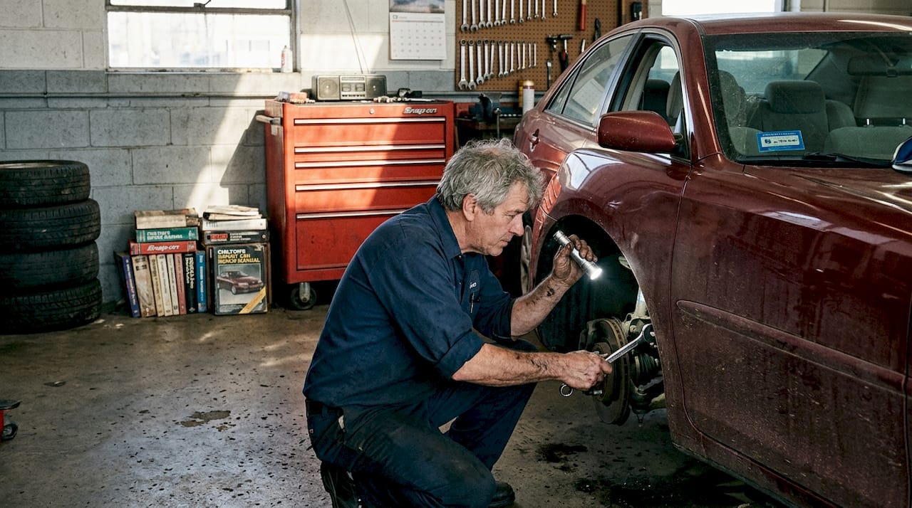 Mechanic inspects car for hidden damage