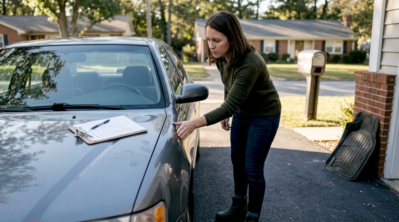 Woman checks car panel alignment in driveway