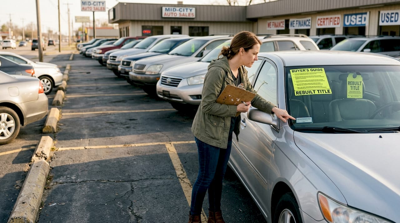 Buyer comparing rebuilt title vehicles at dealership
