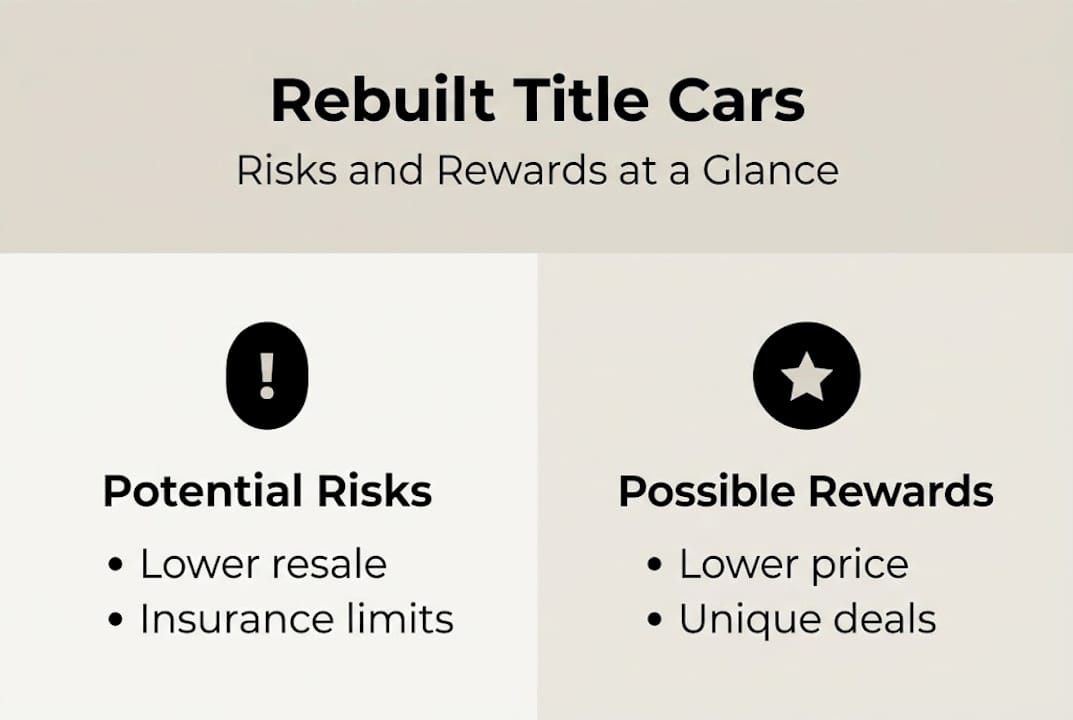Infographic of rebuilt title car risks and rewards