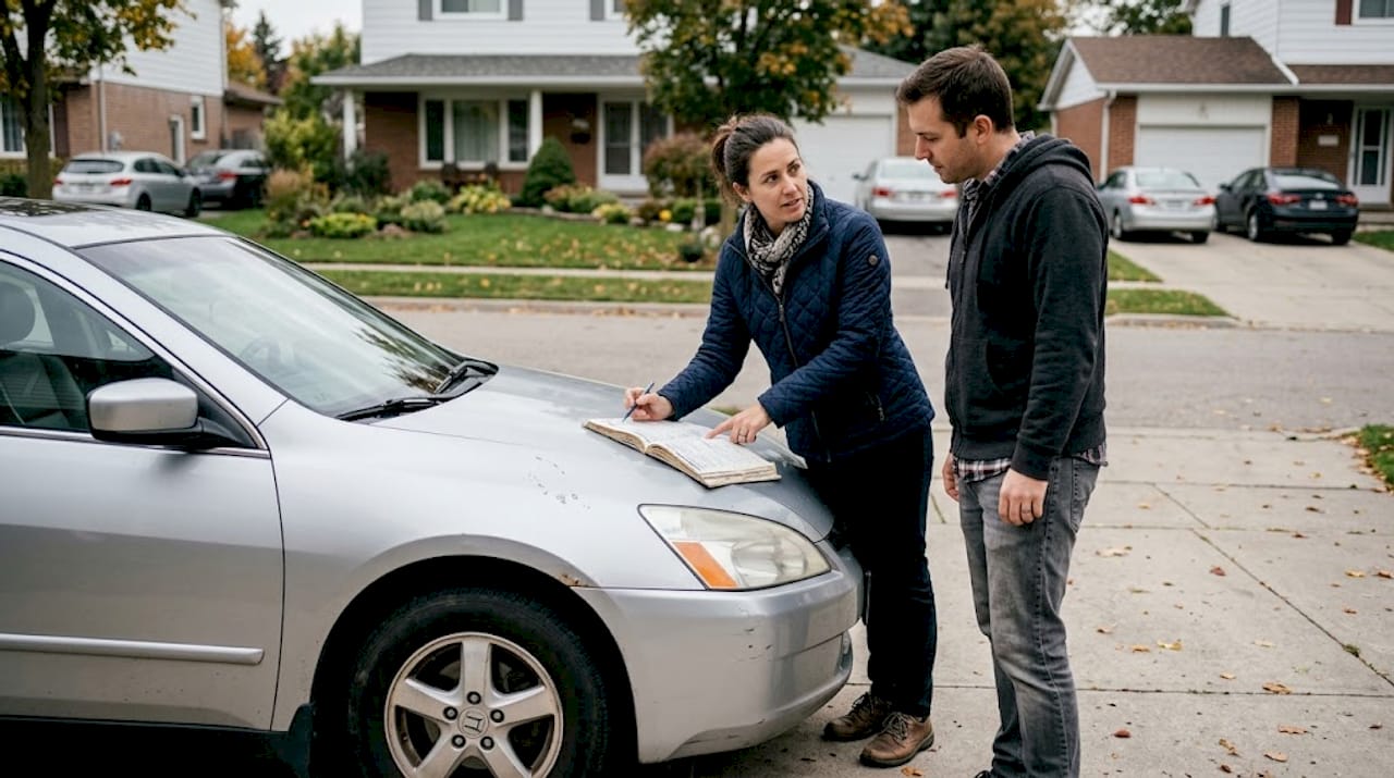 Seller and buyer reviewing rebuilt car details