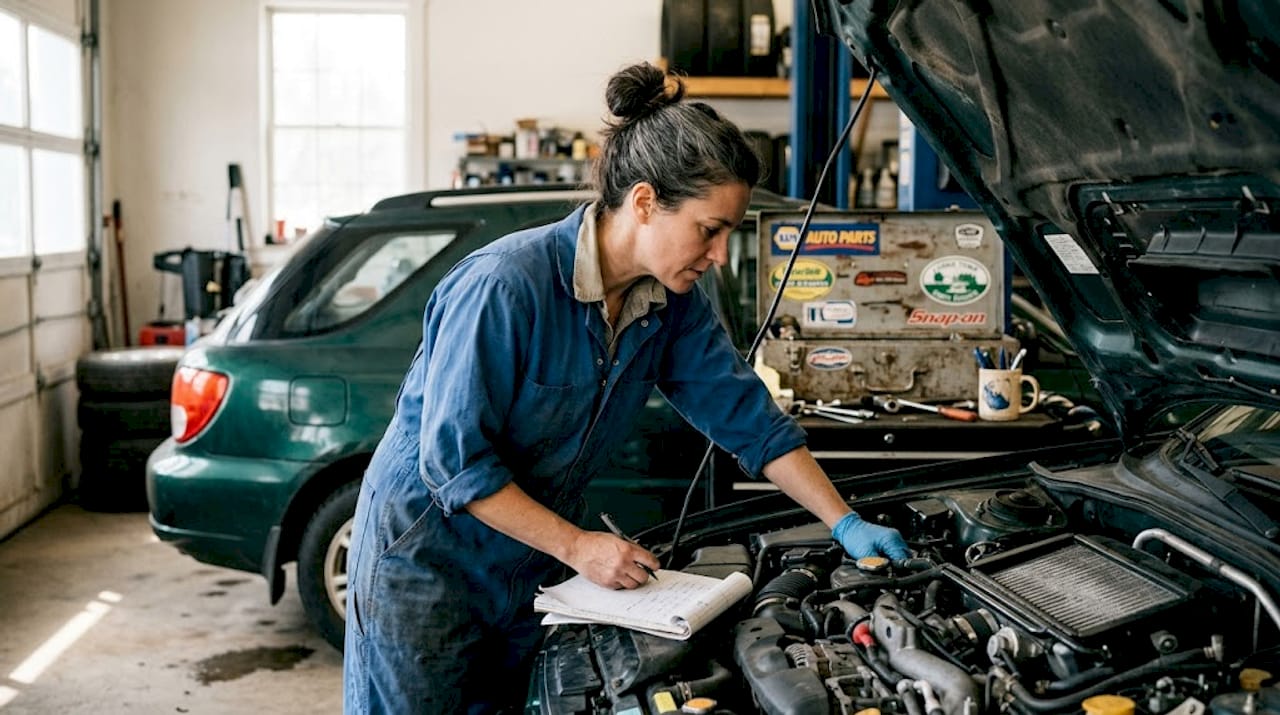 Mechanic performing car inspection checklist