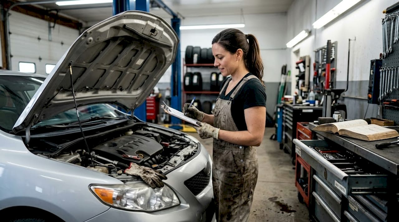 Auto technician checking repair checklist in garage