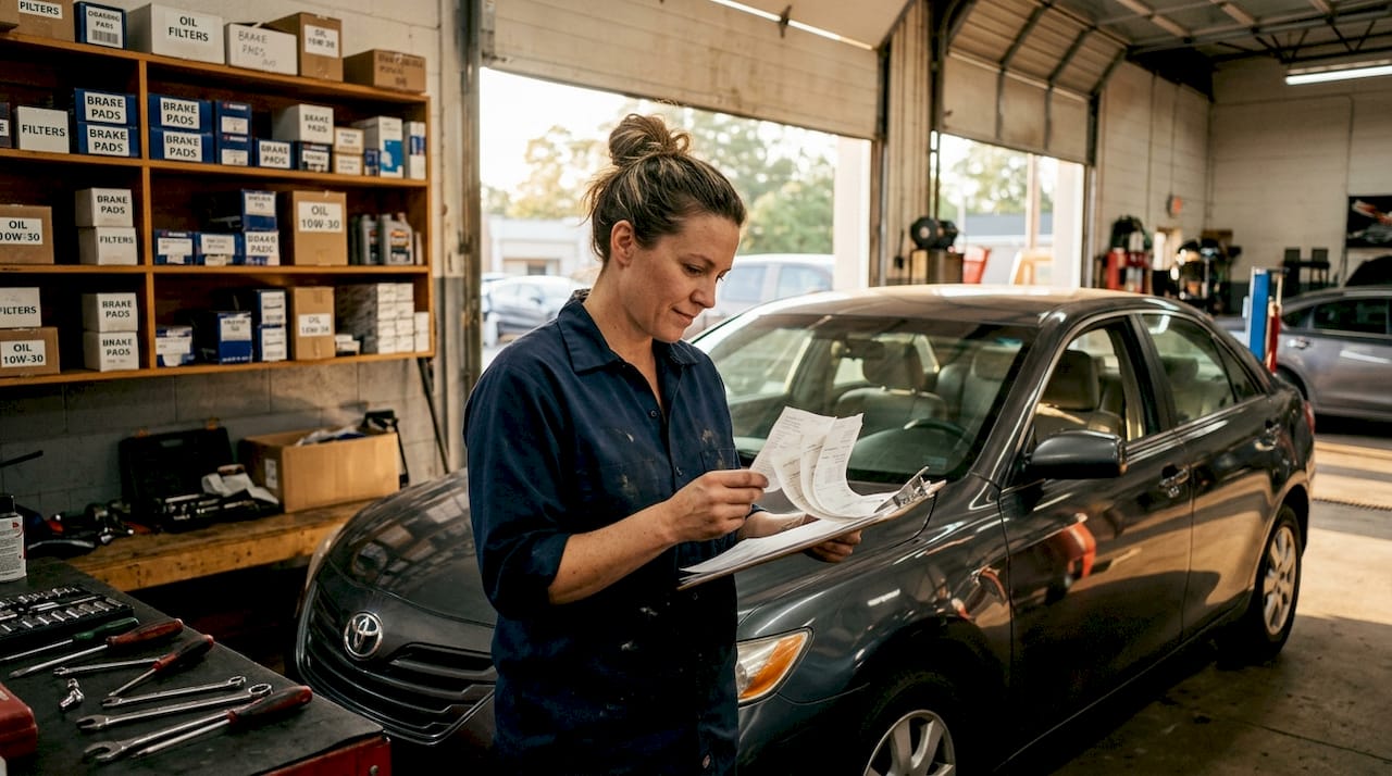 Mechanic reviewing car repair documentation