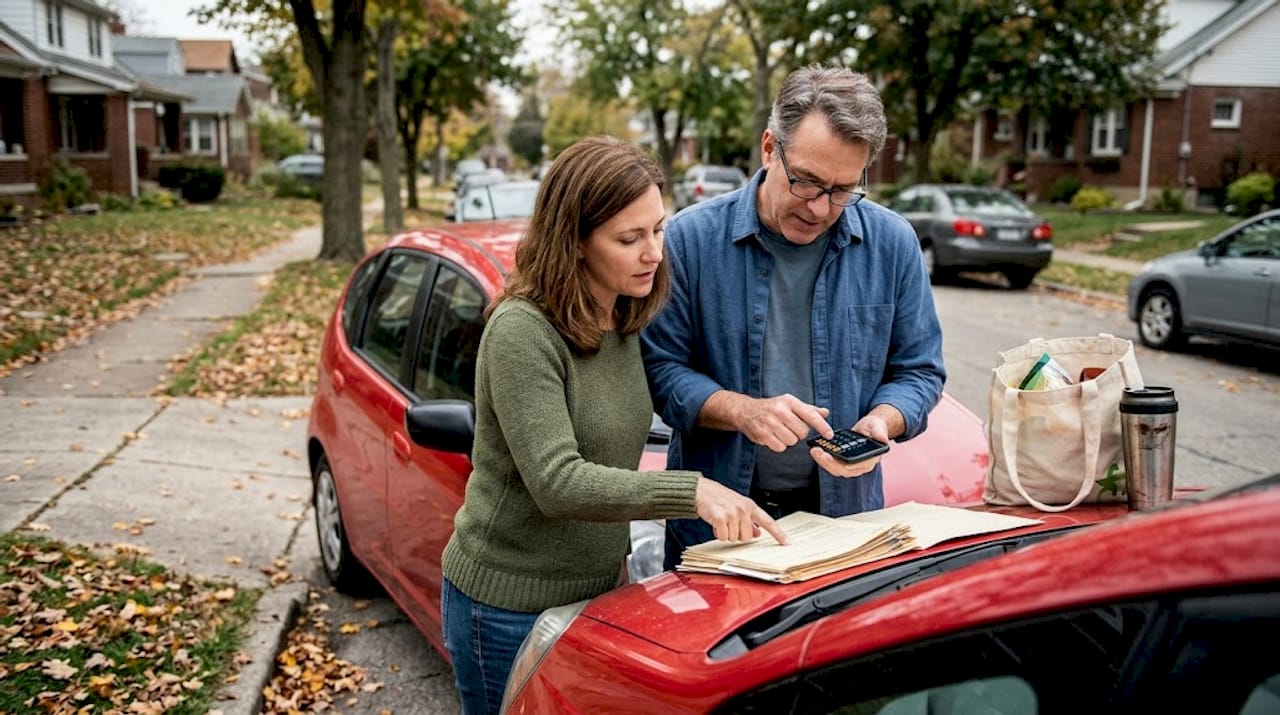 Buyers reviewing paperwork for used car sale