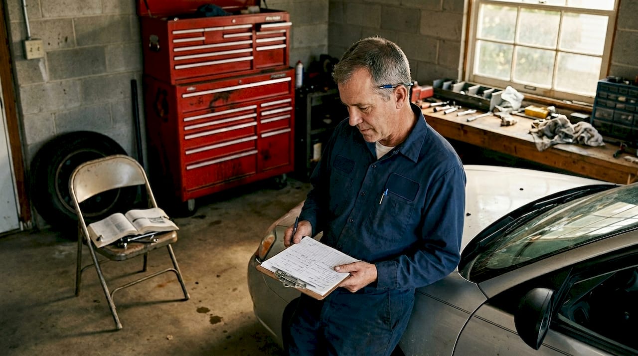 Mechanic reviewing repairs on used car