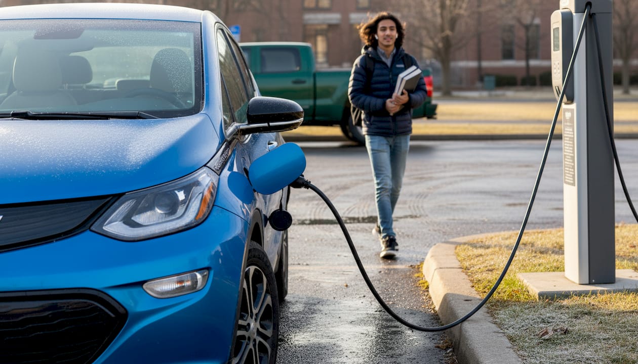 Chevy Bolt EV charging in Utah campus winter