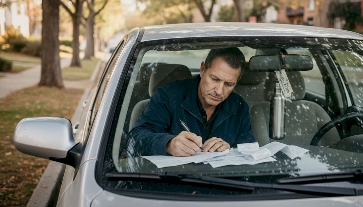 Man reviewing car repair documents inside vehicle