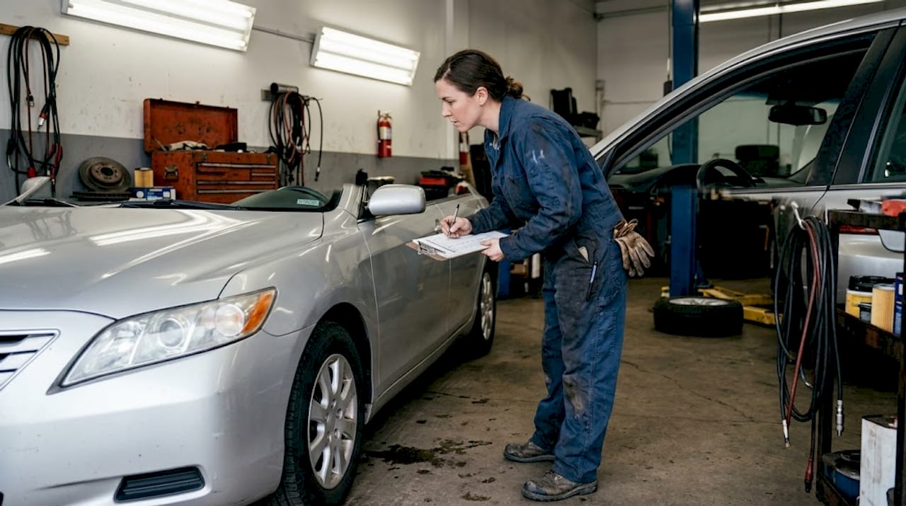 Mechanic inspecting vehicle and marking checklist