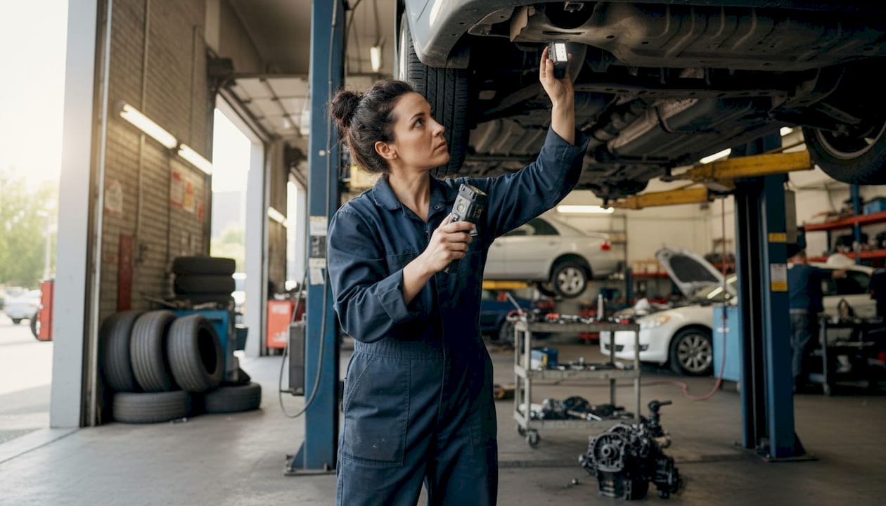 Mechanic inspecting car frame for damage