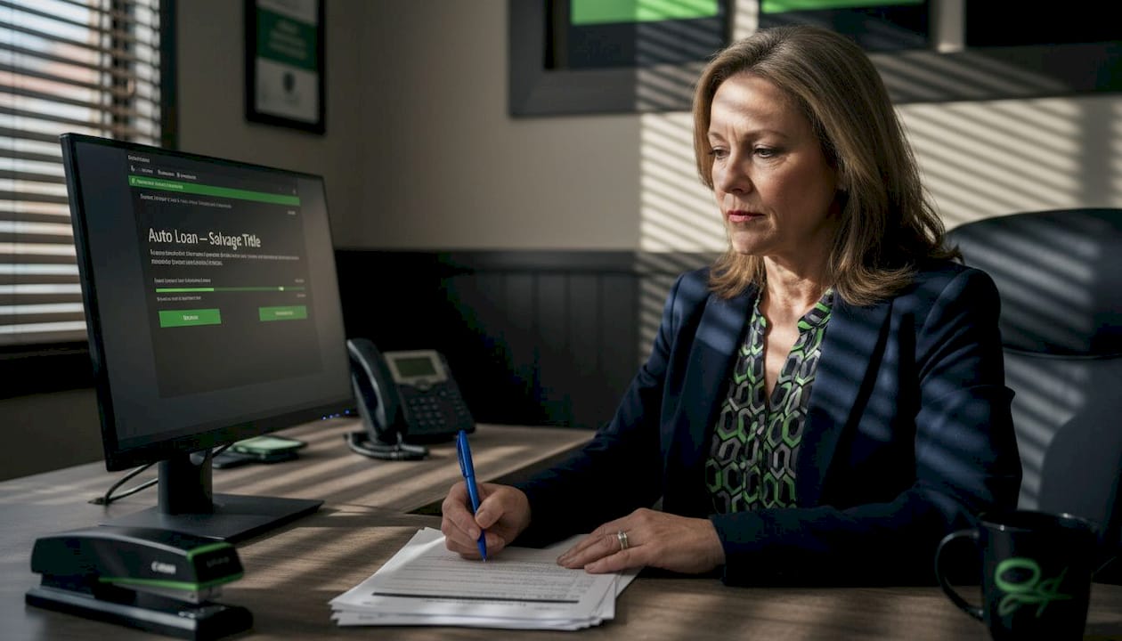 Loan officer reviewing salvage title car applications
