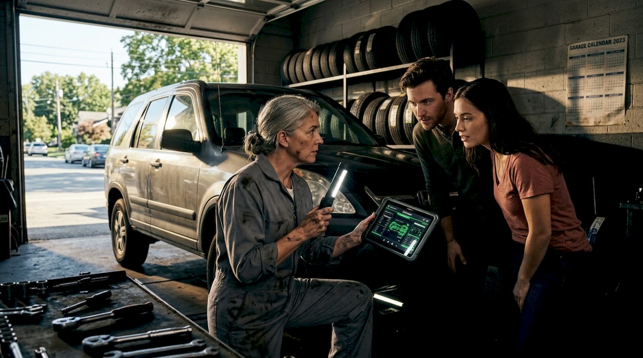 Mechanic inspecting used car with buyers