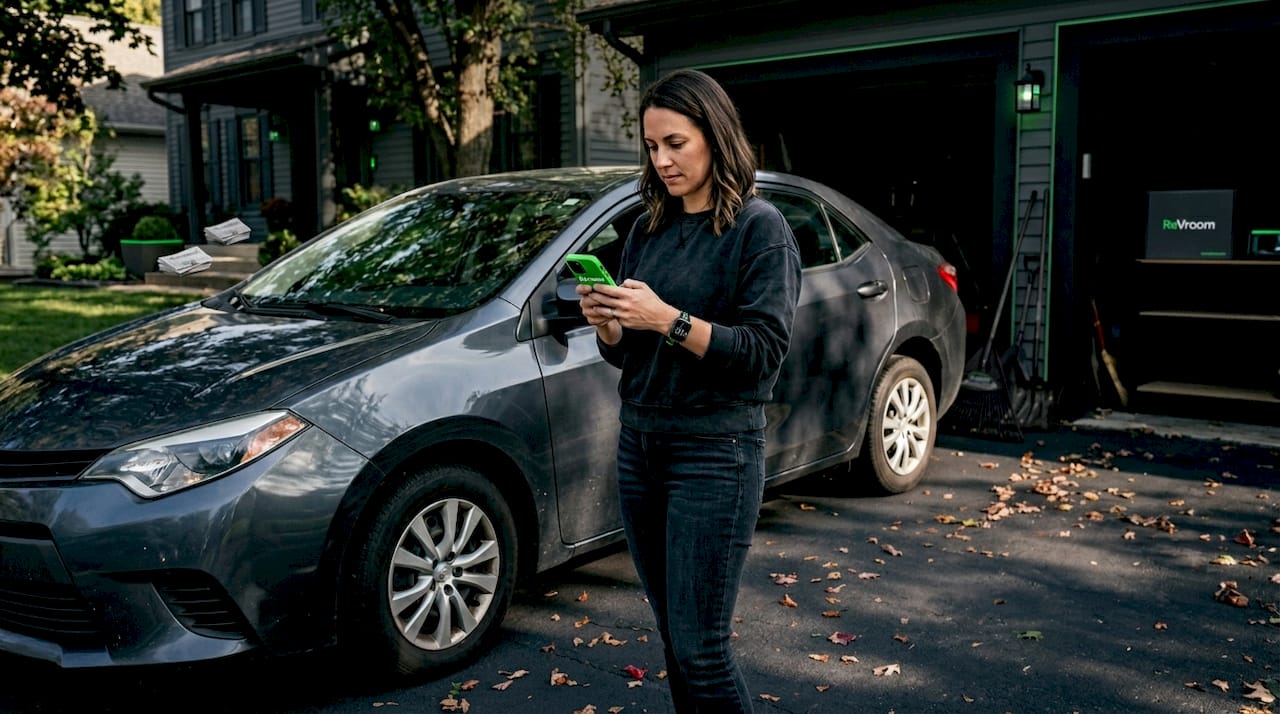 Woman beside rebuilt car in driveway