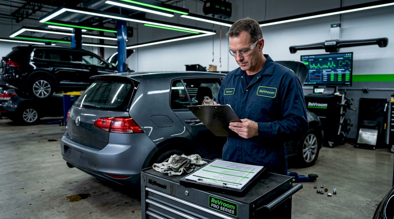 Mechanic inspecting a rebuilt salvage car
