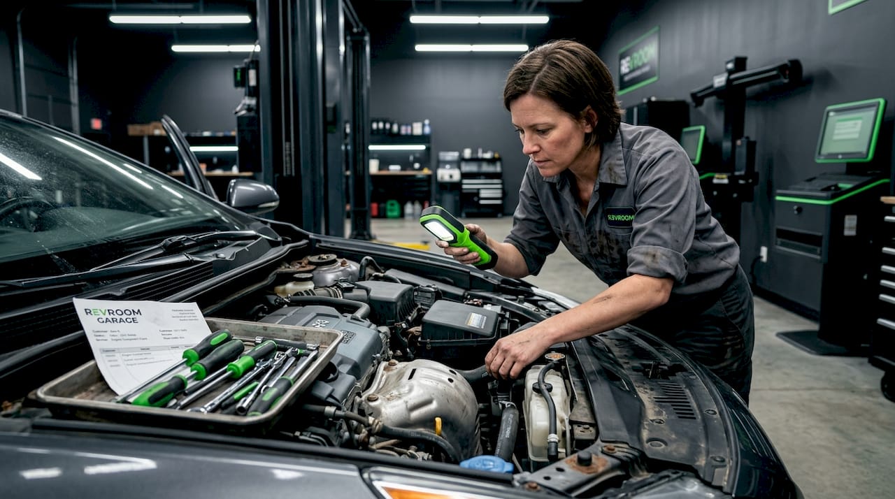 Mechanic inspecting rebuilt sedan engine