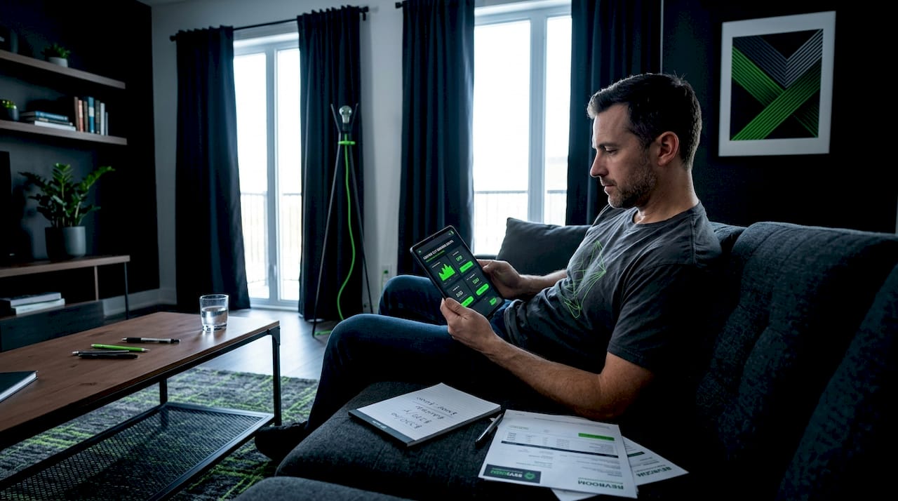 Man comparing insurance options at home