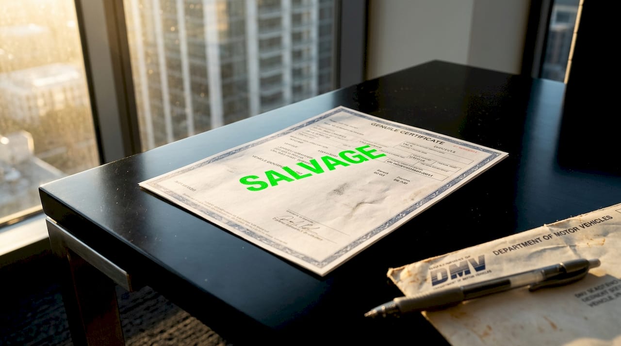Close-up of car salvage title with stamp