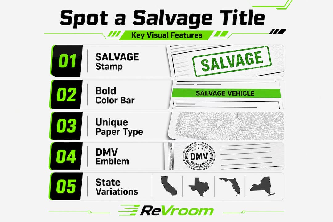 Infographic showing steps to spot a salvage title