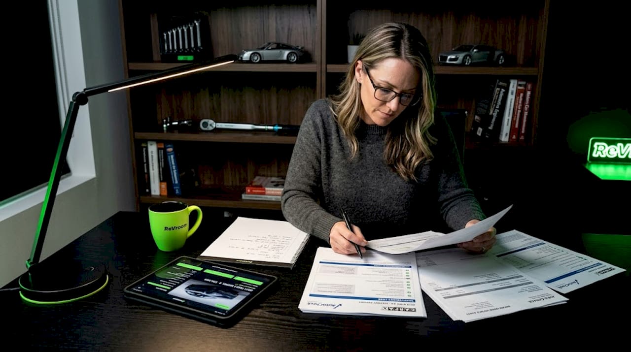 Woman reviewing rebuilt car paperwork in kitchen