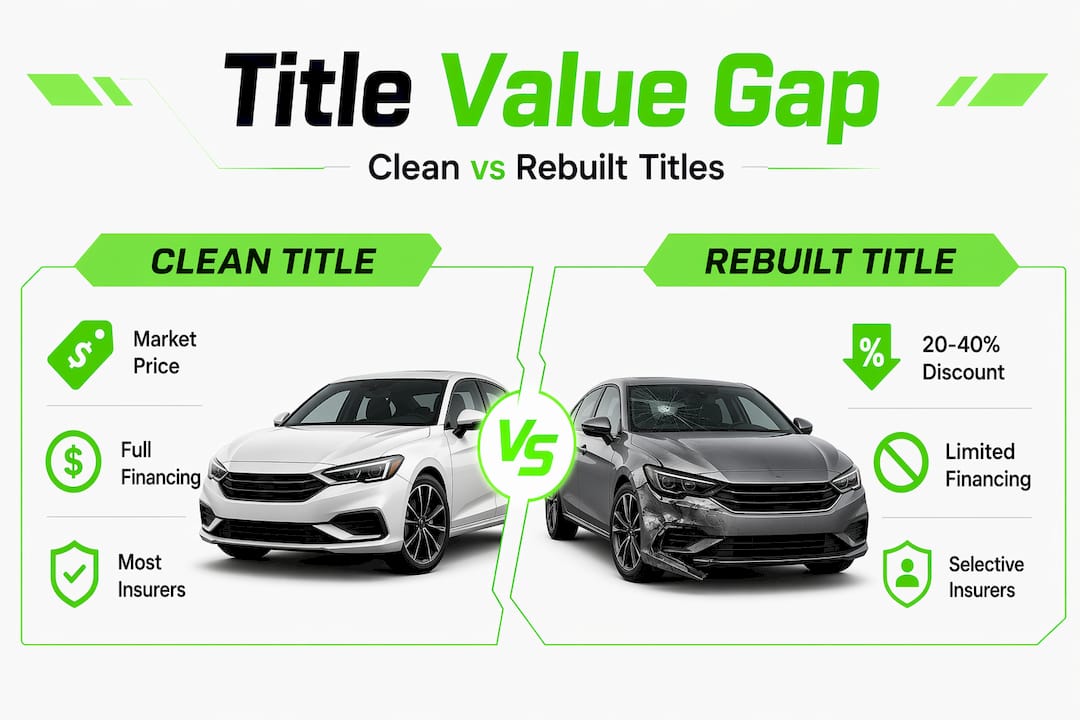 Infographic comparing clean and rebuilt car title values