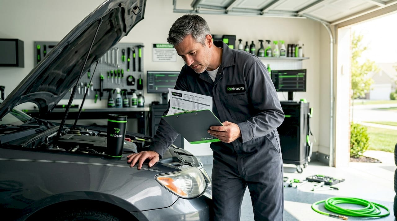 Mechanic checks inspection report in garage