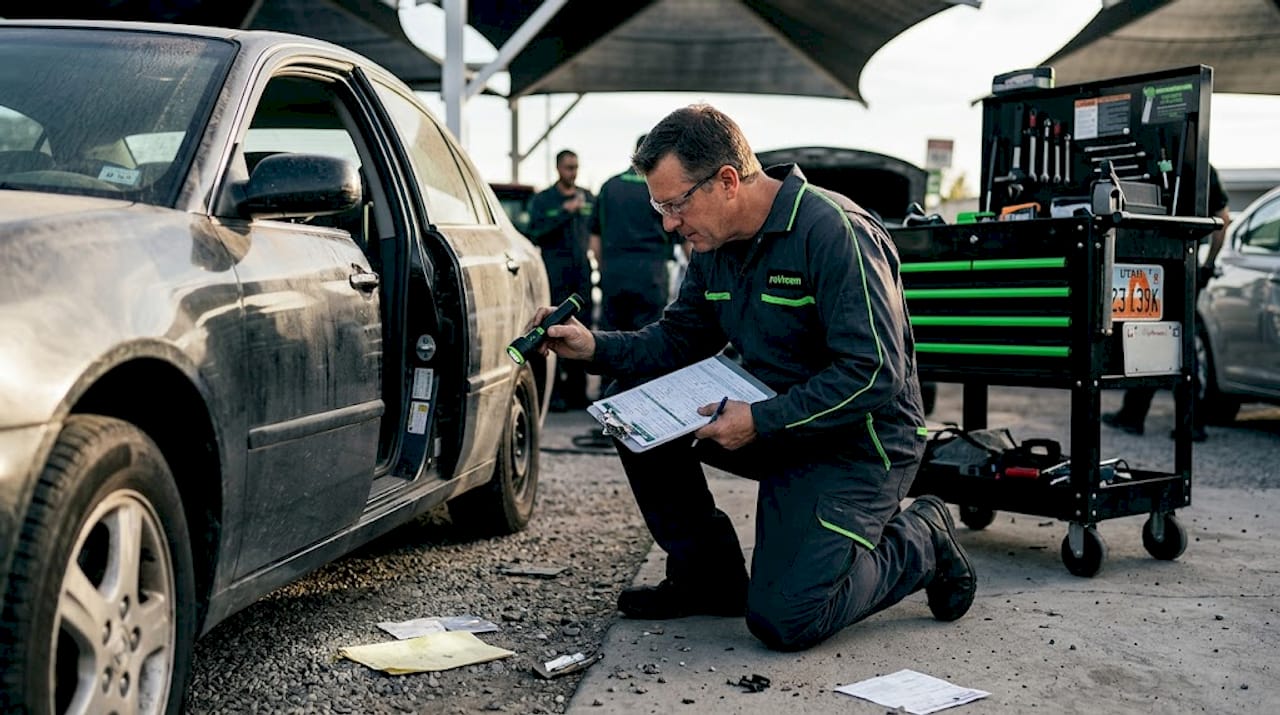 Mechanic inspects VIN on a rebuilt vehicle in auto shop
