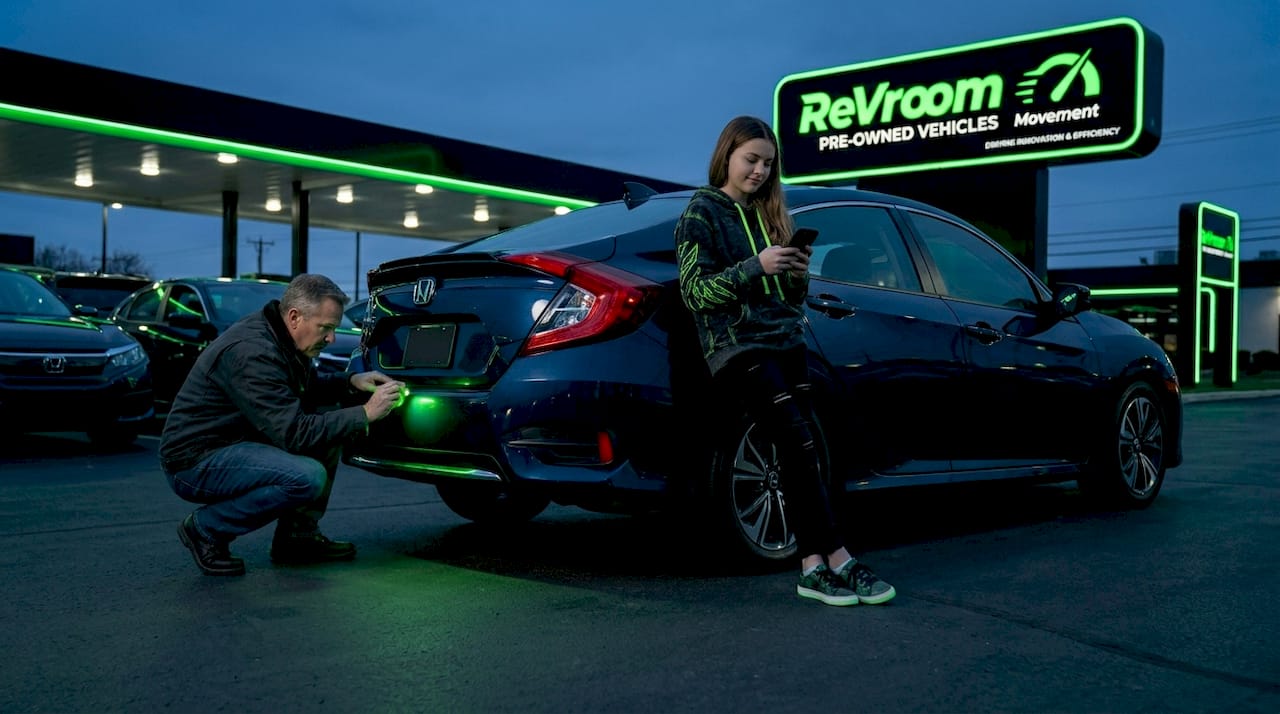 Teen and parent checking used car together