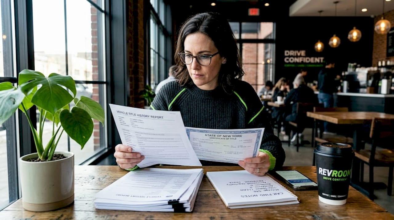 Woman reviewing car title history documents