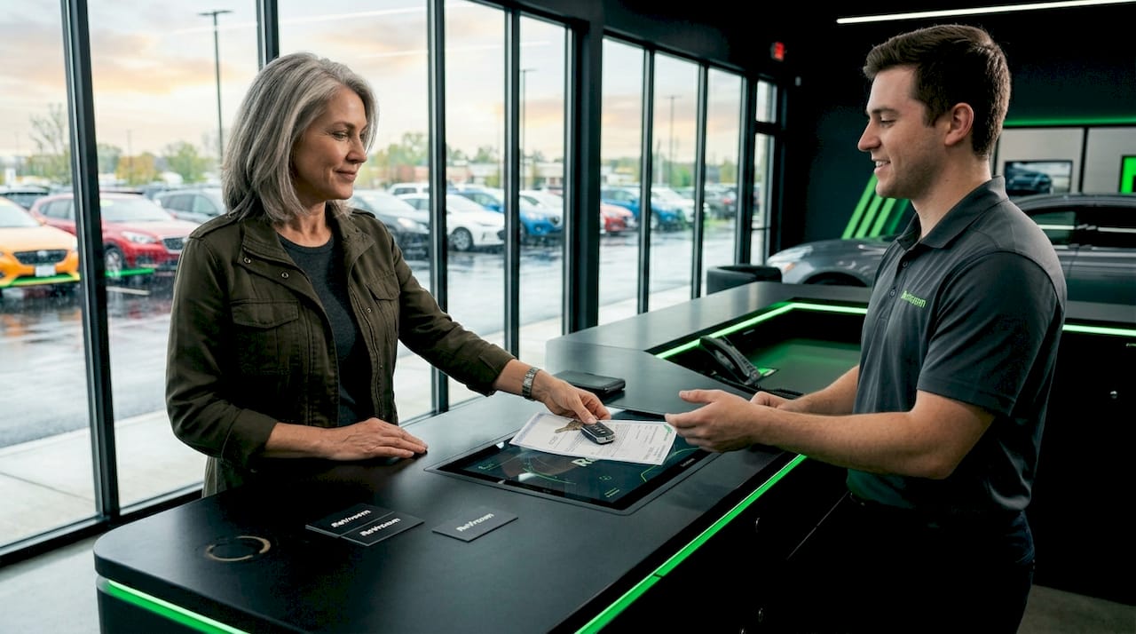 Person trading in car at dealership counter