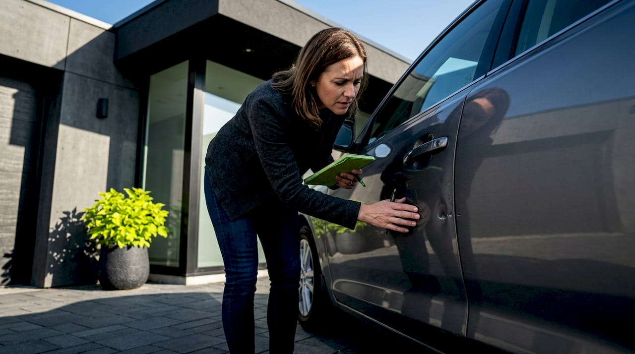 Woman inspecting used car in driveway