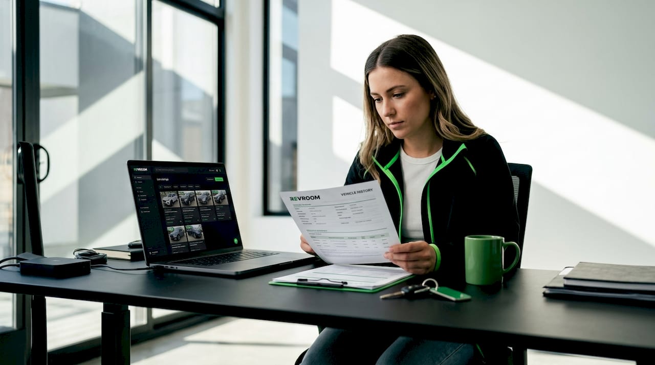 Woman reviews vehicle history report at table