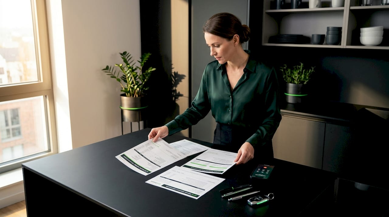 Woman sorting car repair and inspection paperwork