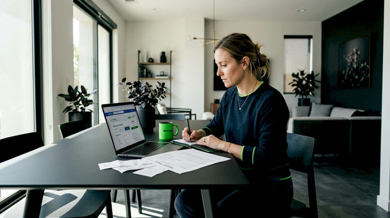 Woman researching rebuilt car value at home
