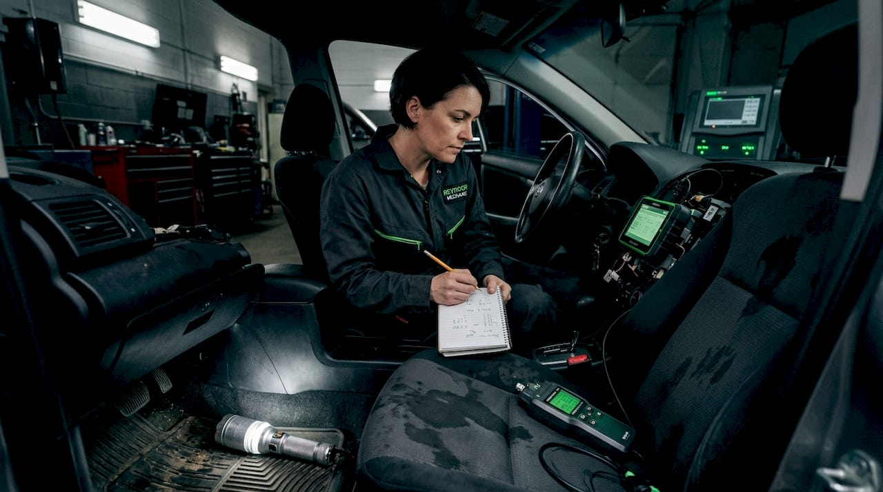Mechanic inspects water damage inside vehicle