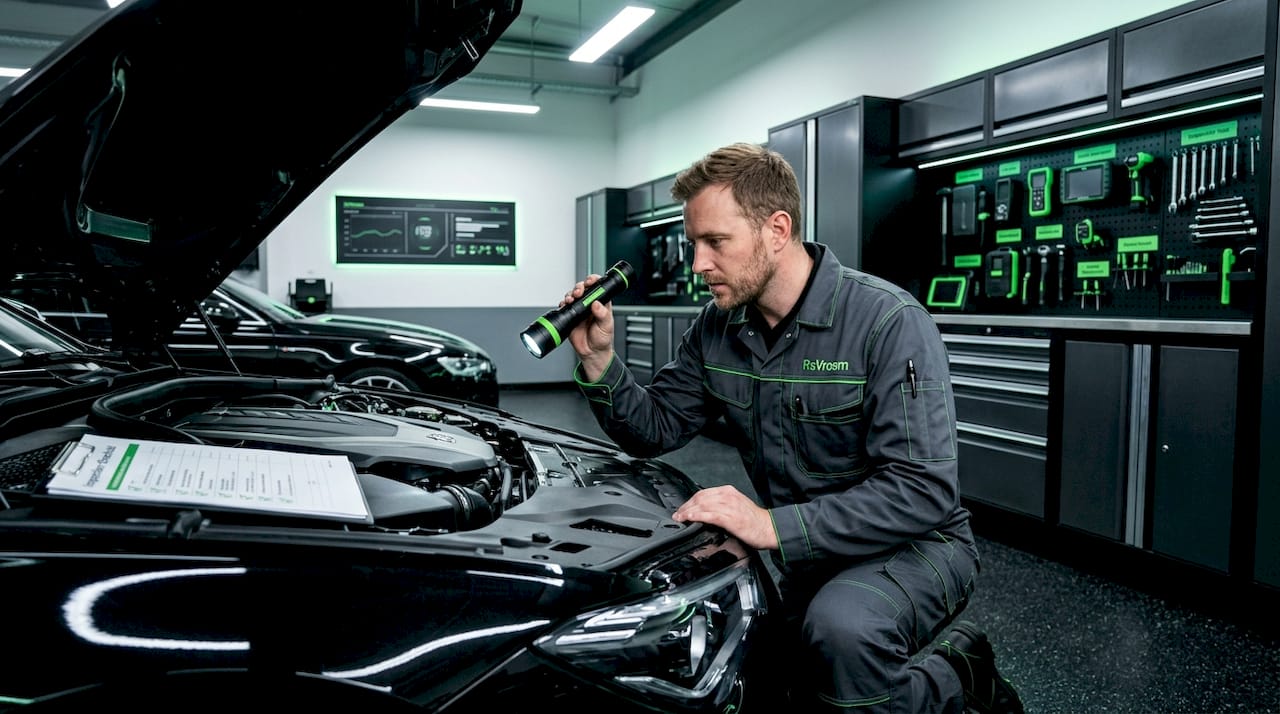 Mechanic inspecting rebuilt vehicle engine