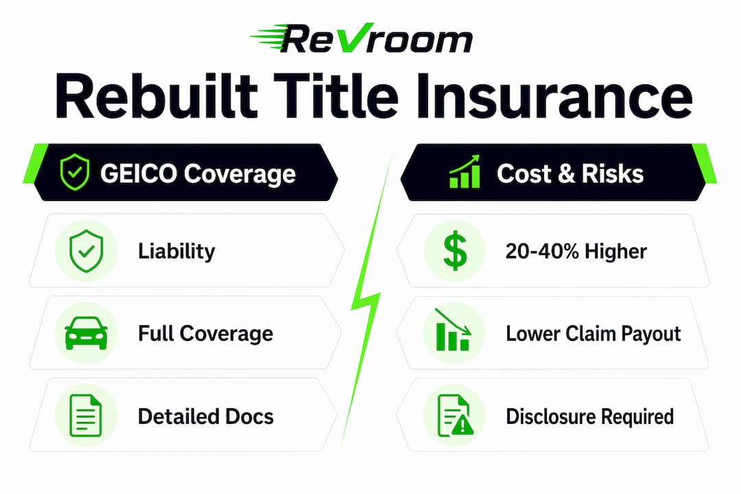 Infographic comparing GEICO coverage and costs for rebuilt title vehicles