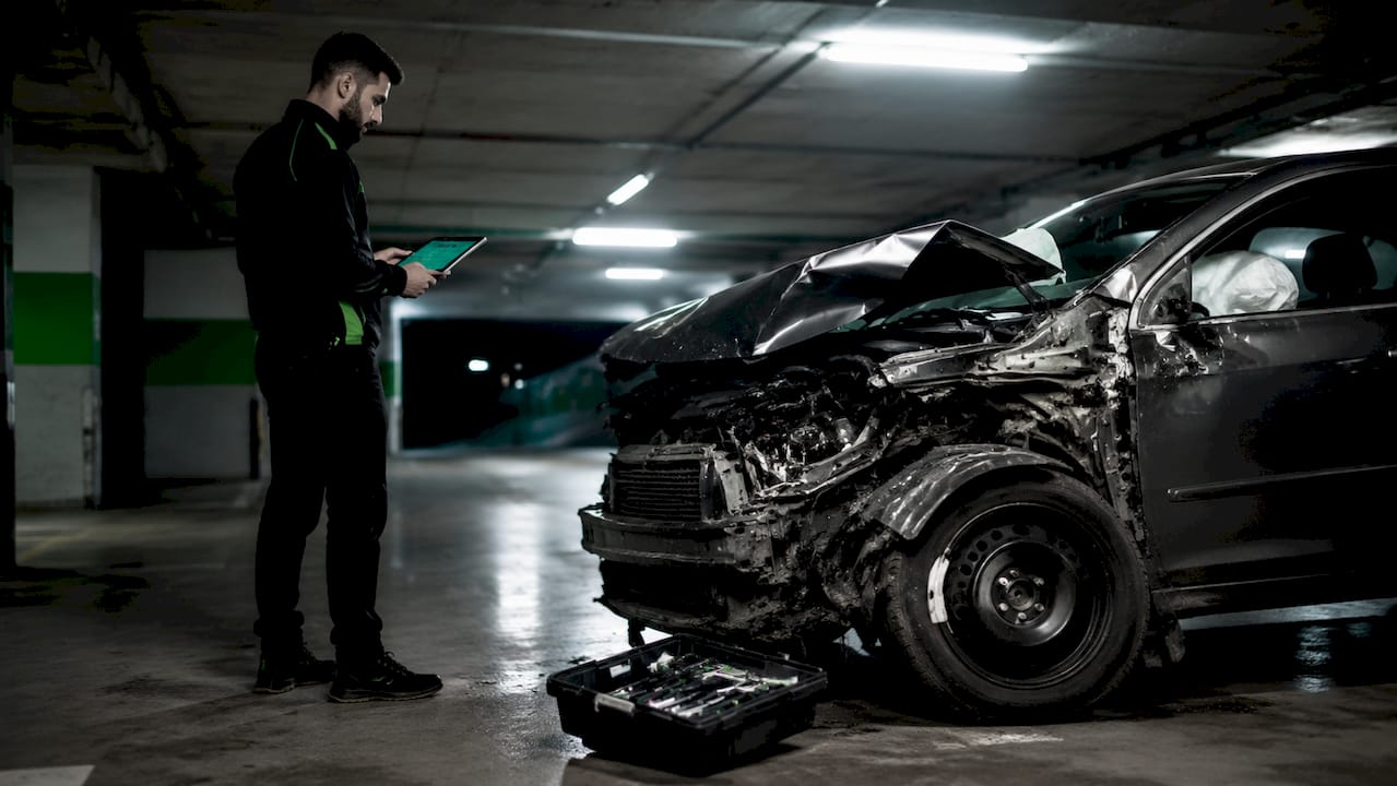 Claims adjuster inspecting damaged car front