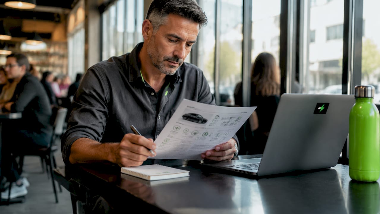 Man reviewing vehicle history report at desk