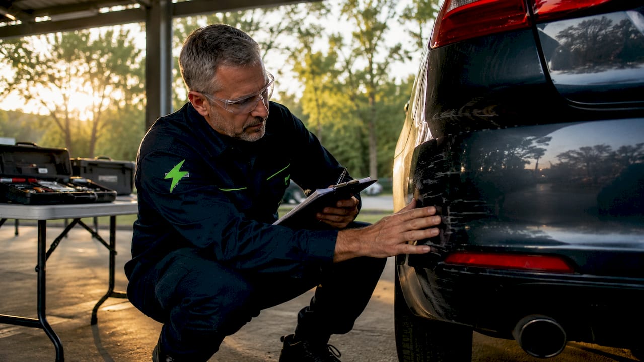 Vehicle inspector checking salvage car