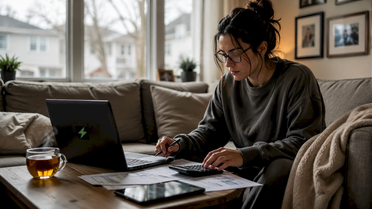 Woman calculating car budget at home table