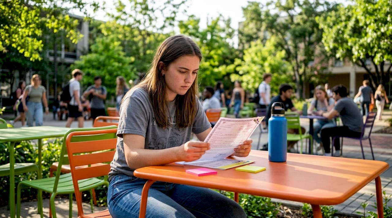College student checking car title document indoors