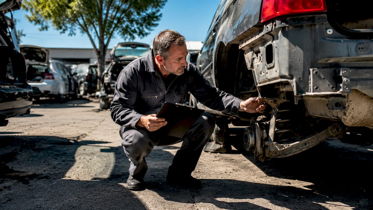 Mechanic inspecting salvage car bumper