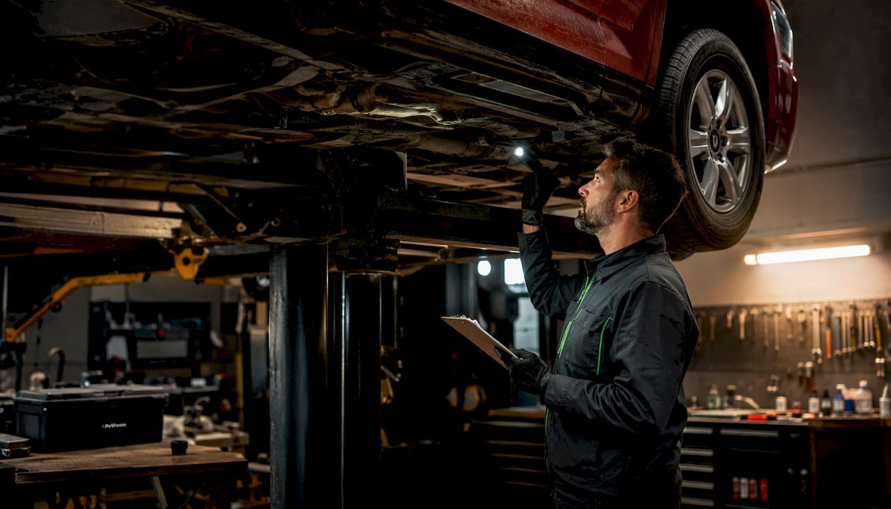 Mechanic performing pre-purchase inspection on car