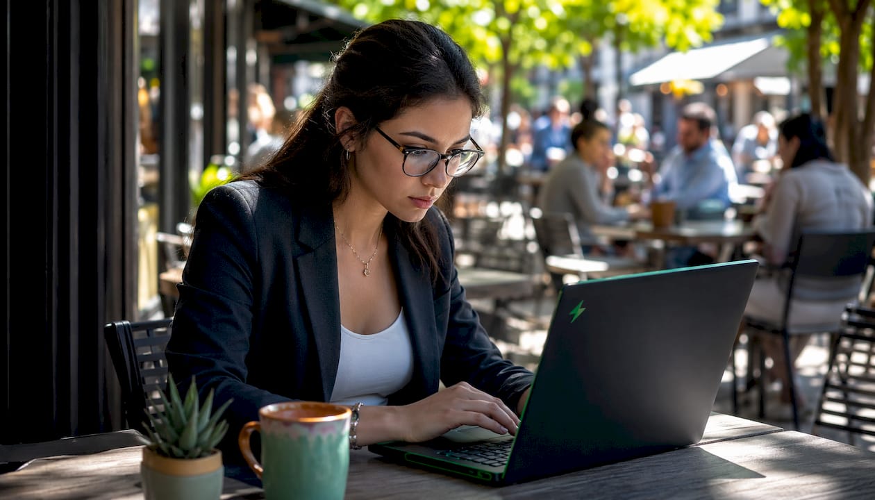 Buyer comparing car prices on laptop at café